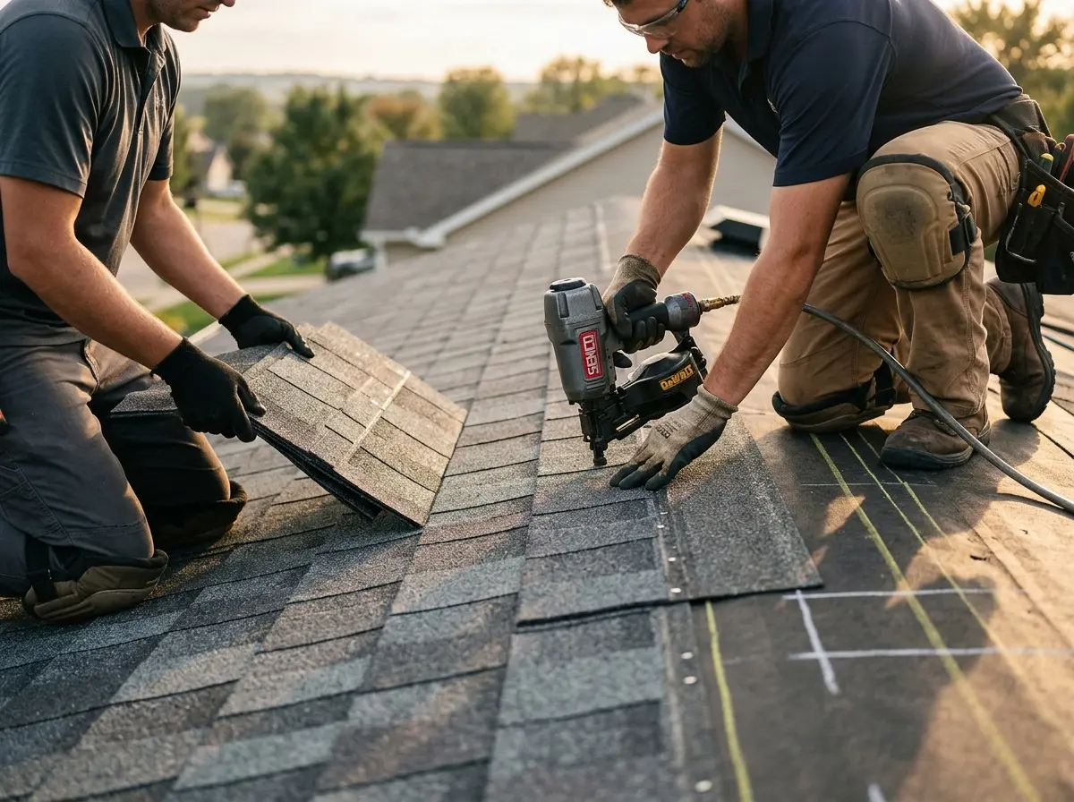 Professional roofer working on a residential roof in Four Corners